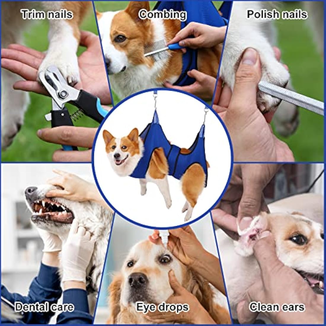 Kkiimatt Dog Grooming Hammock Harness with Nail Clippers, Blue, Large