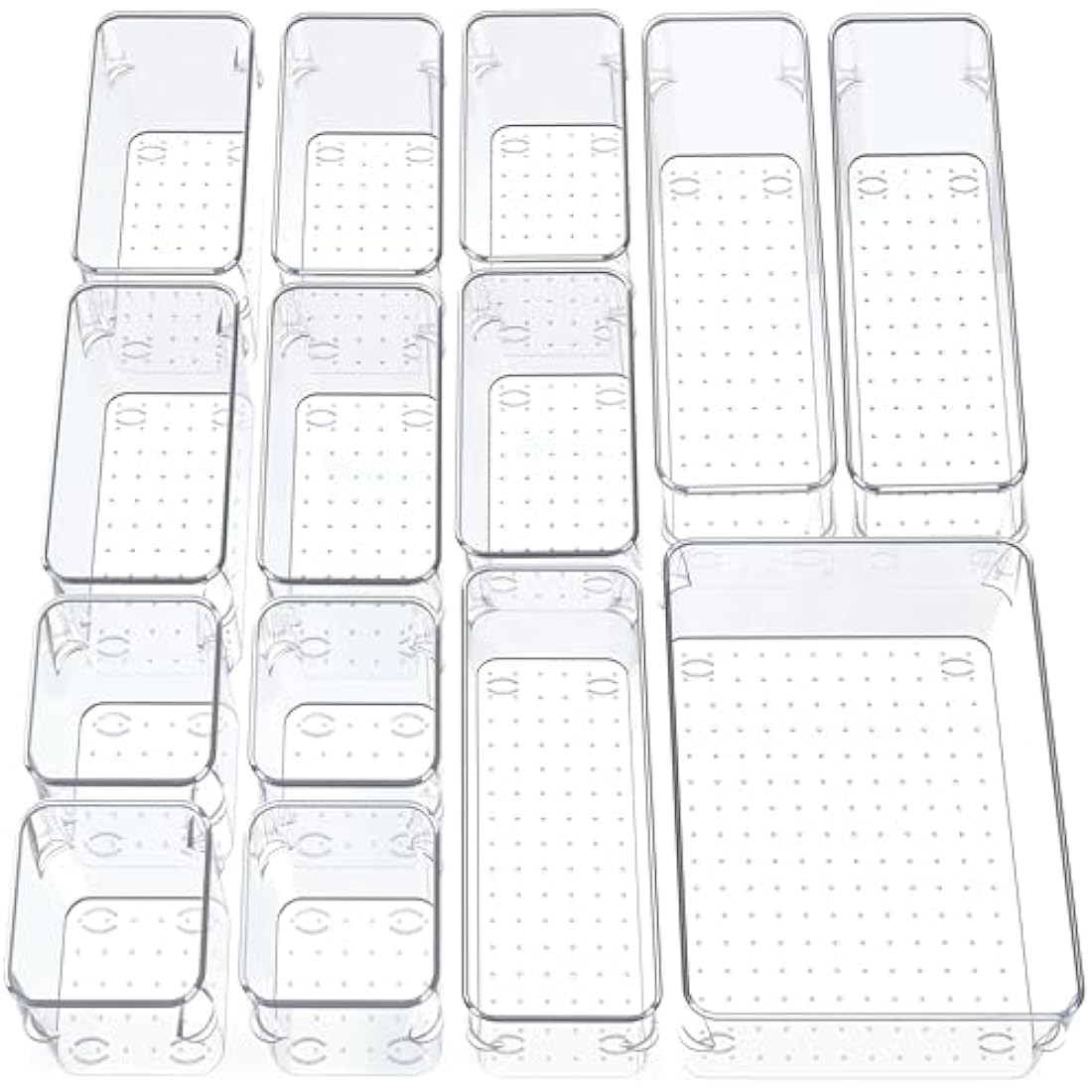 SMAZIUL 14 Pcs Clear Drawer Organiser with 4 sizes Desk Organizer ideal for organizing, cosmetics, makeup, jewelry, office supplies, bathroom accessories & much more