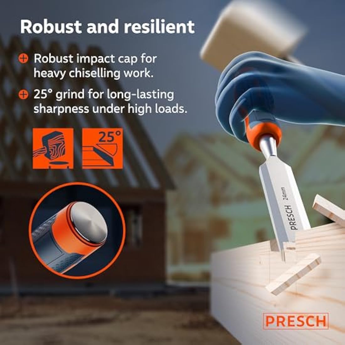 Presch Wood Chisel Set 4 pcs. incl. Bag (6, 12, 18 & 24mm) - Fully Polished for immediate use - for Professionals with a 25° Angle and Robust Metal Striking Cap