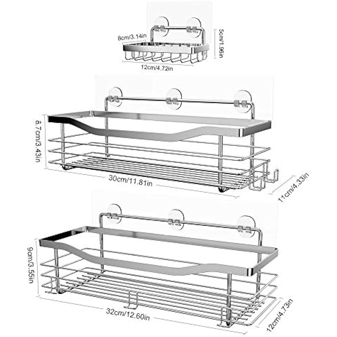 Orimade Shower Caddy Basket Soap Dish Holder Shelf with 5 Hooks Bathroom Organiser Shelf Kitchen Storage Rack Wall Mounted Adhesive No Drilling SUS304 Stainless Steel - 3 Pack