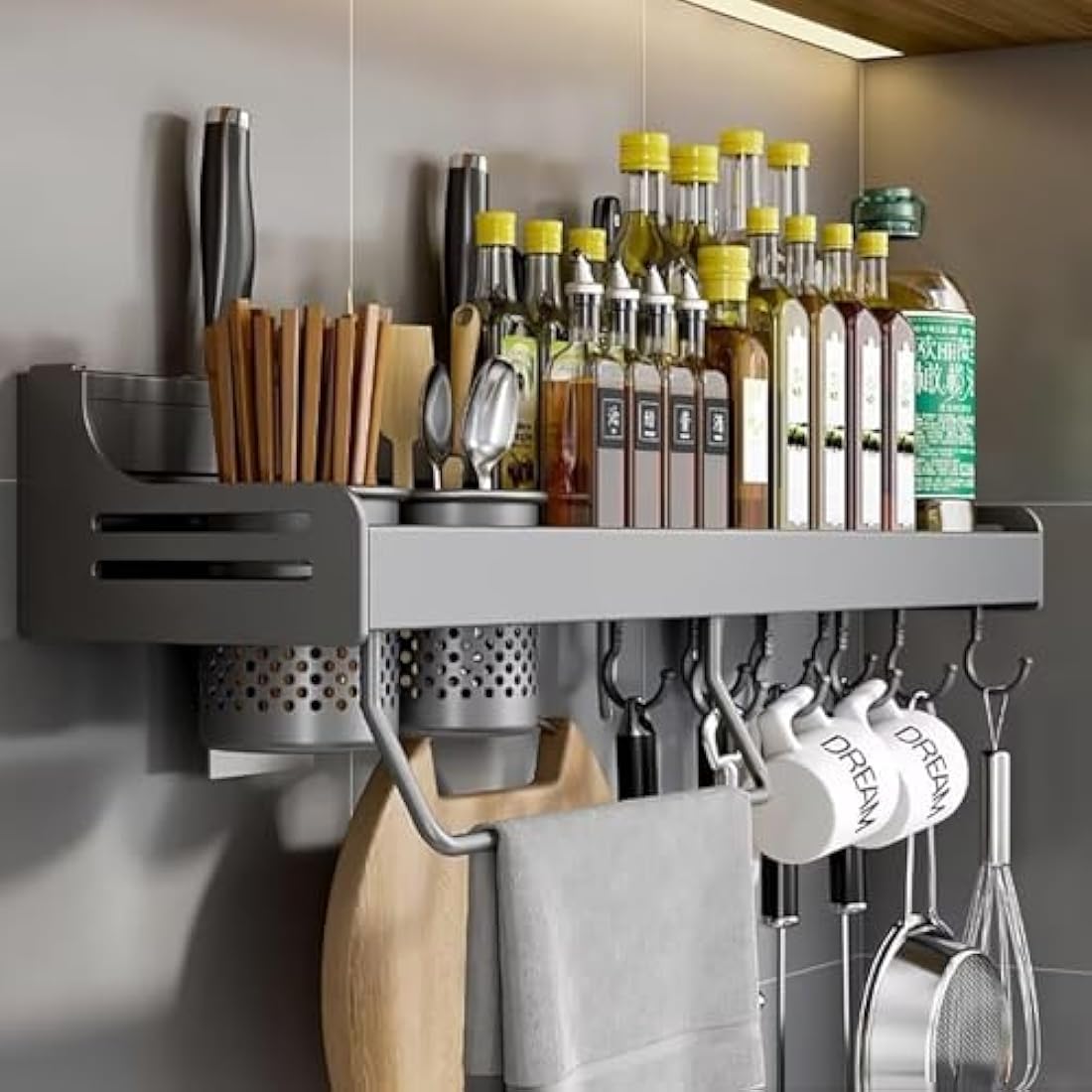 ZOKT Spice Rack - Wall Mounted Kitchen Storage, Grey, 60cm