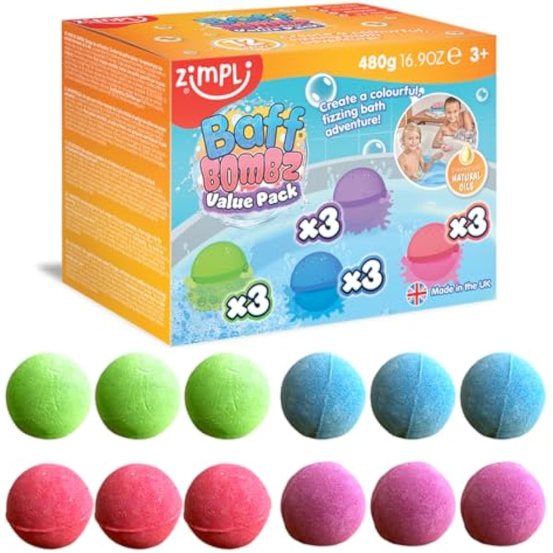 Zimpli Kids - 12 x Baff Bombz, Moisturizing Spa Bath Bombs Gift Set, Birthday Present for Children, Party Bag Fillers Favours, Rewards, Organic & Vegan Friendly, Bath Fizzers, Fizzies, Non-Toxic