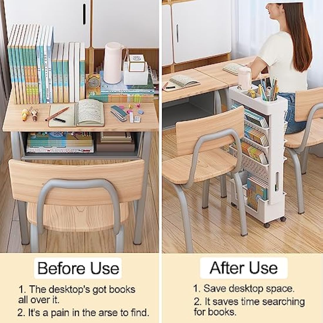 NUODWELL Mobile Bookshelf with Wheel, Large Capacity Magazine Rack Book Cart Removable Storage Organizer Kids Bookshelf, Multi Purpose Rolling Cart for Home School（White）