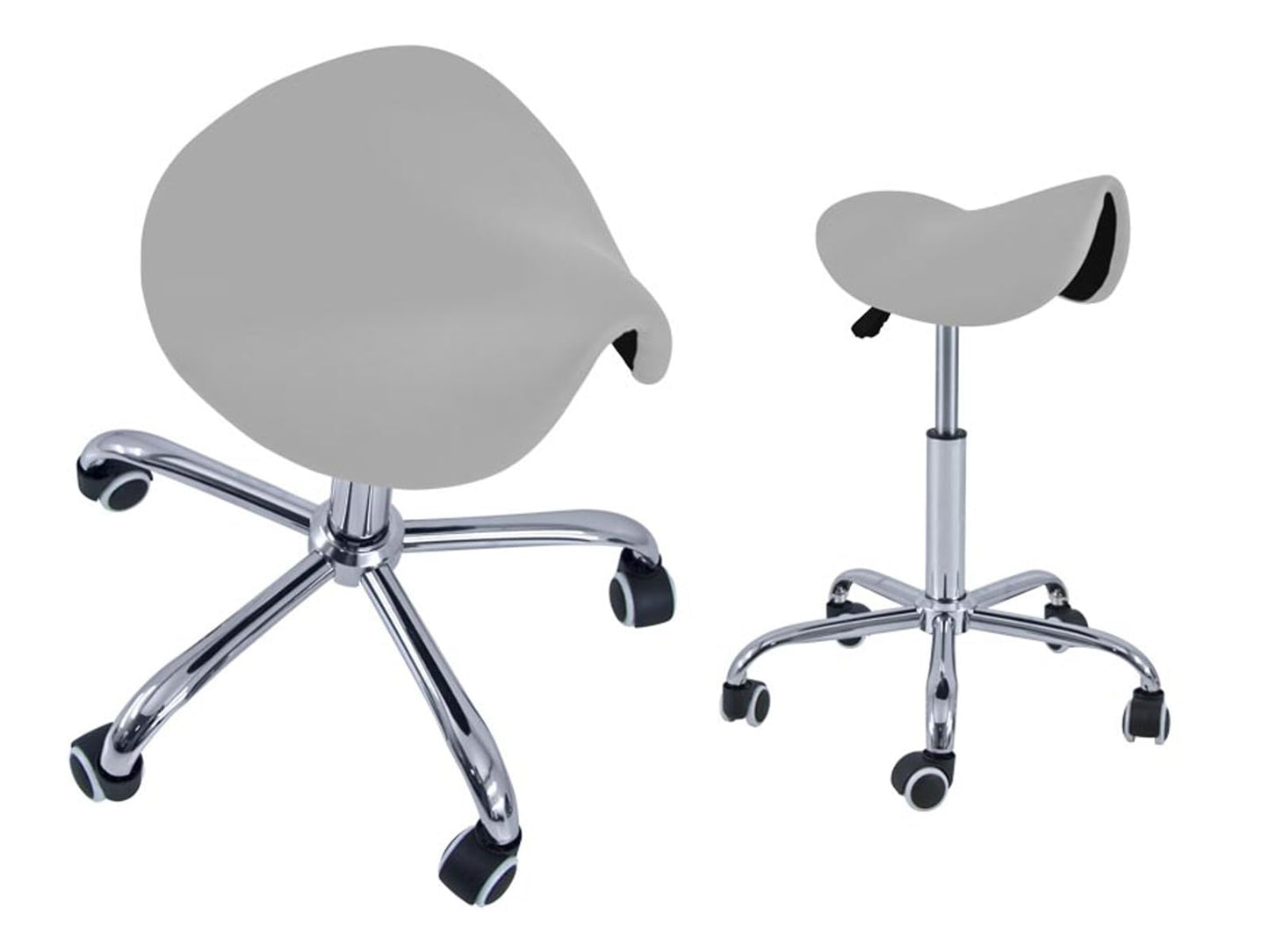 QUIRUMED Pony Stool 5 Wheels, Chrome Base, Silver Colour, Upholstered in Leatherette, Height Adjustable, Lightweight, Ergonomic Design, Rotary