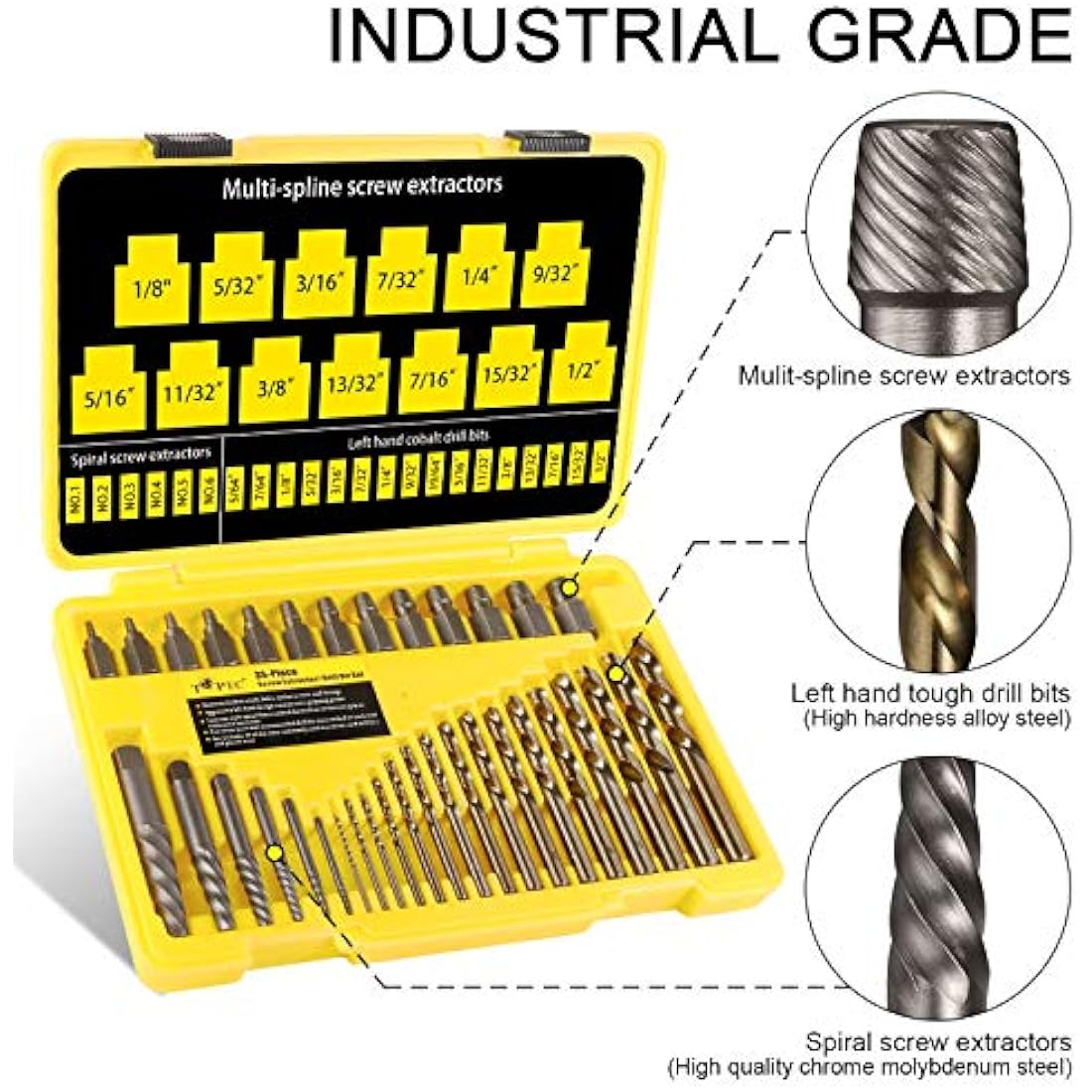 Topec 35-Piece Screw Extractor and Left Hand Drill Bits Set, Easy Out Screw Extractor Set with Reverse Drill Bits, Multi-Spline Extractors for Removing Broken Bolts and Stripped Screws