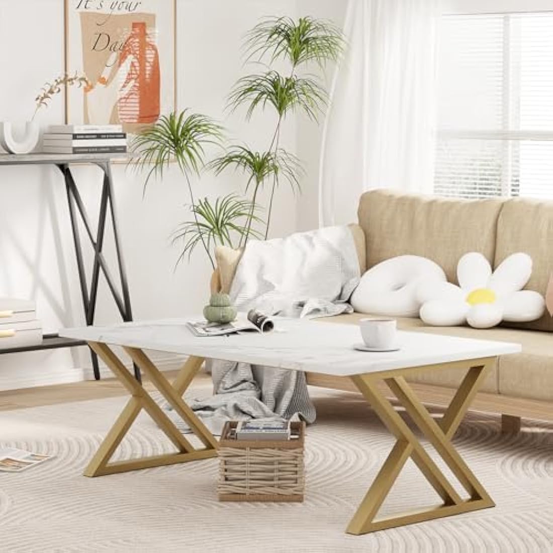 Coffee Table, Living Room Table, Center Tea Tables, Rectangular Tea Tables, End Side Desk with Gold Metal Frame for Living Room Bedroom Office, Modern Open Design, 39.3 x 18.9 x 17.7 IN, White/Gold