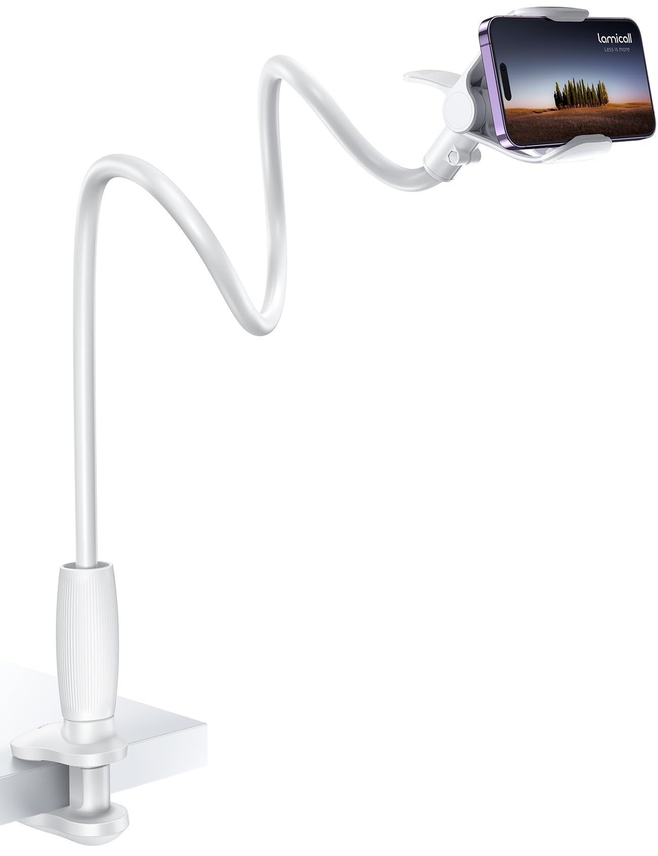 Lamicall Gooseneck Bed Phone Holder - [80 mm Clamp Base] Universal Flexible Lazy Arm for Desk, 360 Overhead Phone Mount Clip for iPhone 17 16 15 14 13