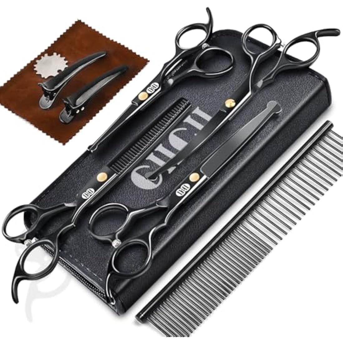 CIICII Dog Grooming Scissors Kit, 10-in-1 Professional Pet Grooming Scissors Set with Safety Round Tip (Dogs/Cat Hair Cutting Trimming Thinning Shears with Curved Scissor) for DIY Home Salon (Black)