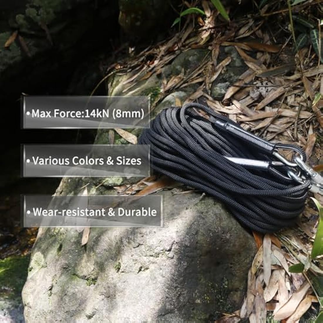 NewDoar 14KN Static Climbing Rope 8mm Accessory Cord Equipment 33FT(10M) 66FT(20M) 98FT(30M) 165FT(50M) Escape Rope with 2 Carabiners for Ice Climbing Fire Rescue Rope Safety Rope