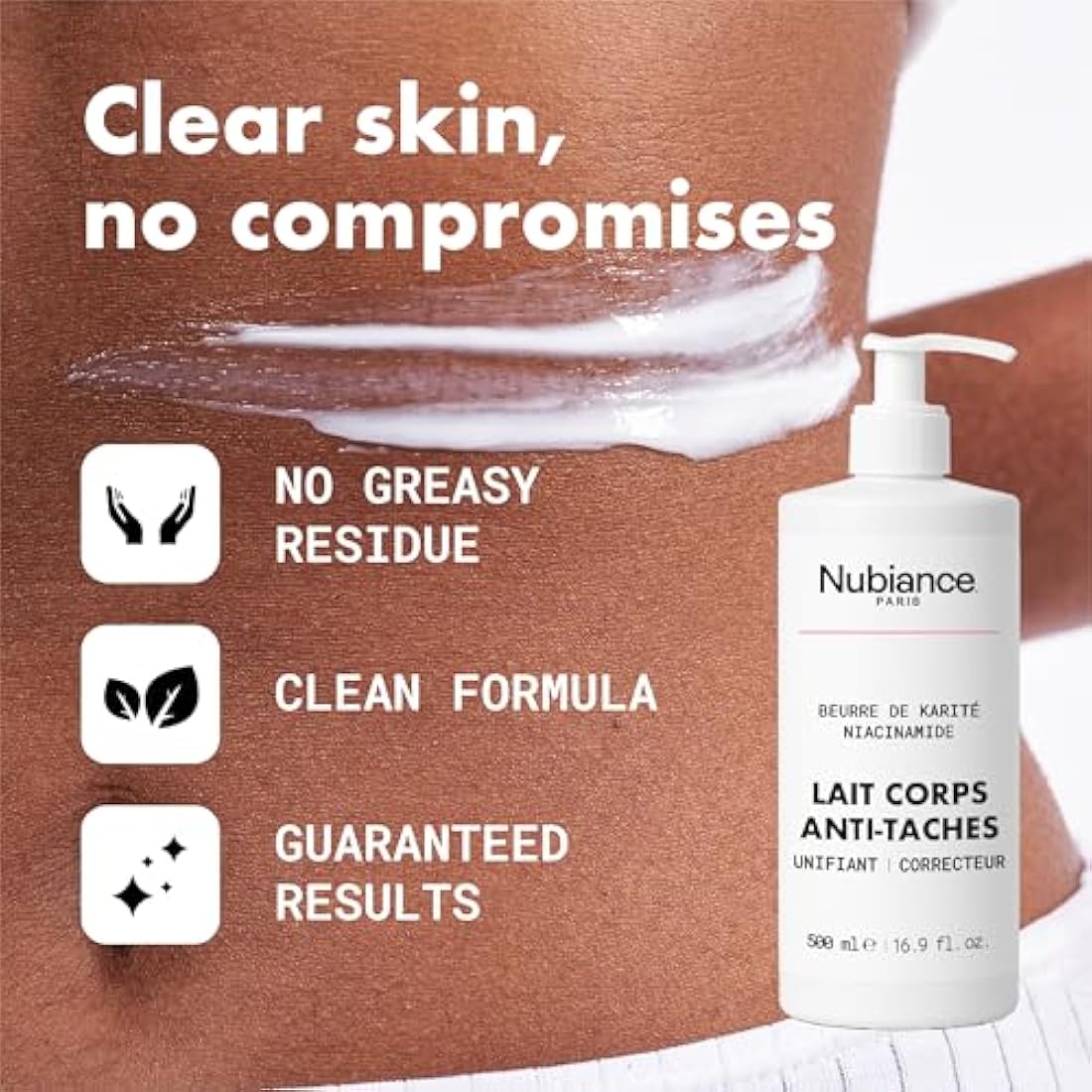 NUBIANCE - Lait Corps Unifiant & Hydratant HRB-3, 500ml - Soin protecteur et Anti-Tache d'hyperpigmentation - Peaux Sèches, Mixtes et Grasse - Peau Hydratée & Souple
