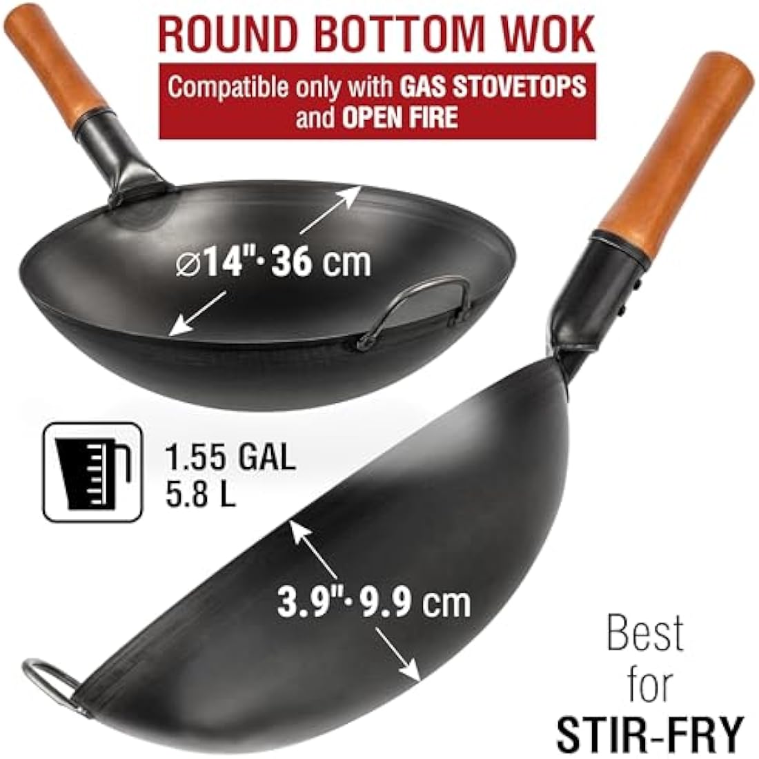 YOSUKATA Carbon Steel Wok Pan - 14"/36 cm Woks and Stir Fry Pans - Chinese Wok with Round Bottom Wok - Traditional Chinese Japanese Woks - Black Steel Wok 14 in/36 cm