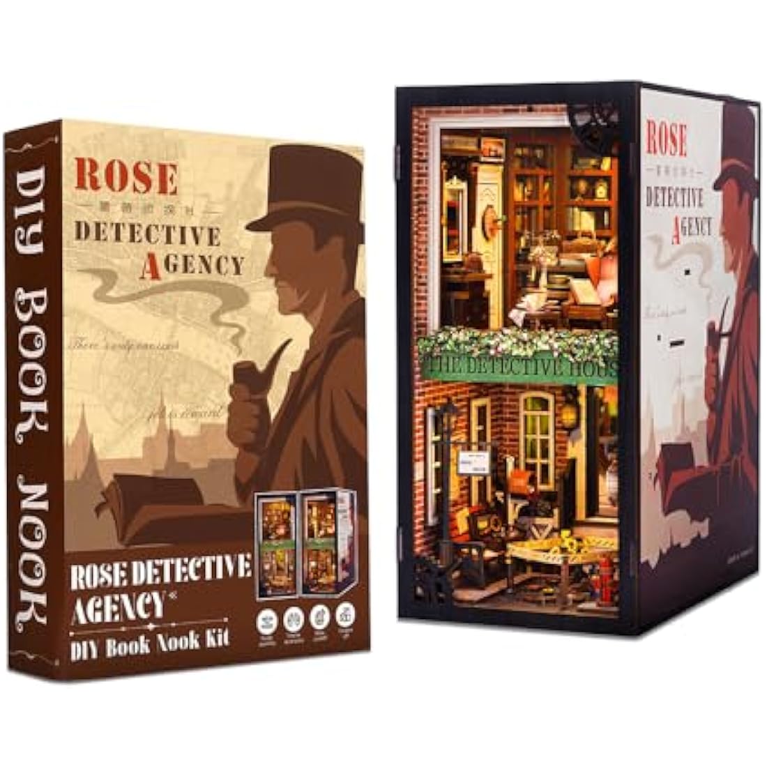 CUTEBEE Book Nook Kits For Adults - DIY Dollhouse Miniature with LED Light,3D Wooden Puzzle Bookend Bookshelf Decor,Gifts for Family and Friends (Rose Detective Agency)