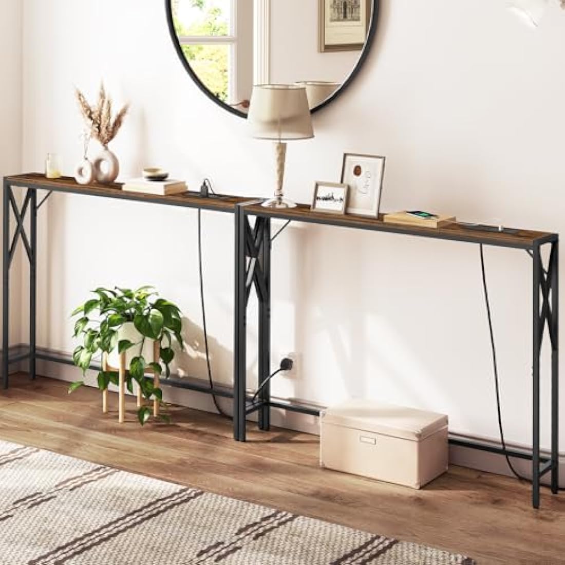 MAHANCRIS 2 Pack Console Table with Charging Station, 100 CM Narrow Sofa Table, Long Entryway Table, Hallway Table with USB Ports, Behind Couch Table with Power Outlets, Rustic Brown ACTHR151KE01S2VN1