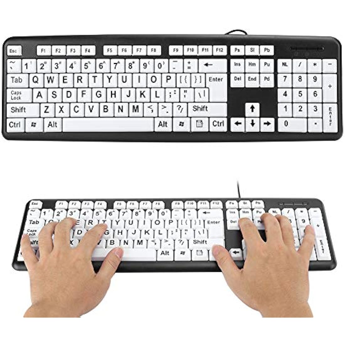 Large Print USB Wired Computer Keyboard (White Large Print Keys) Great for Visually Impaired Individuals - Senior Citizens in Low and Dim Lighted Areas(Black)