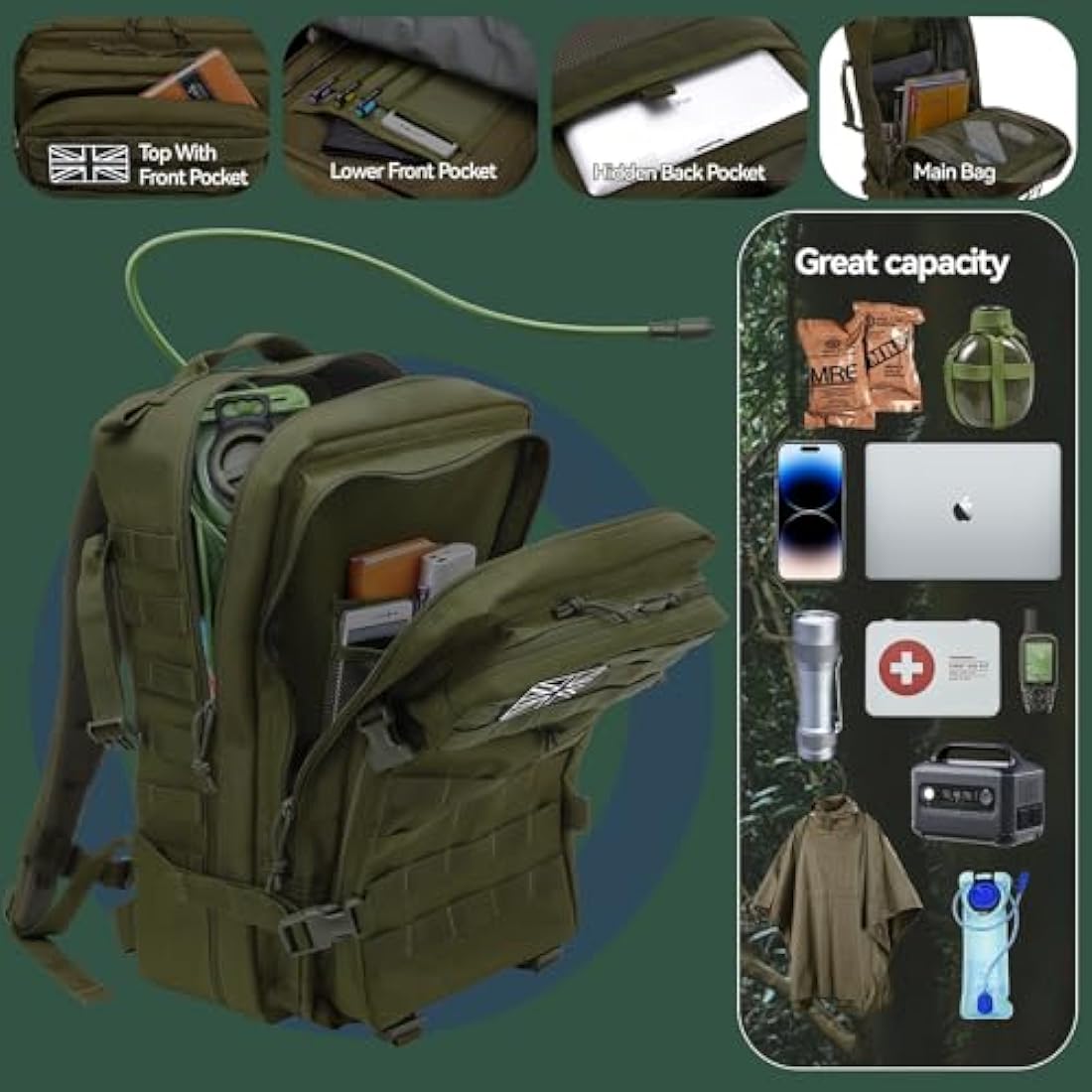 Delgeo 45L Military Tactical Backpacks Molle Army Assault Pack 3 Day Bug Out Bag Hiking Treeking Camouflage Hunting Rucksack