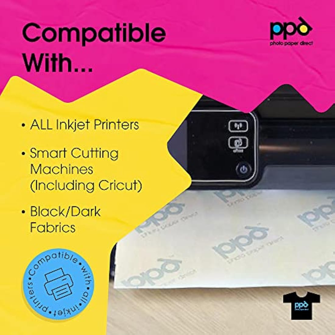 PPD Iron on Transfer Paper for Dark Fabric Compatible with Inkjet Printer, A4, 8.5 x 11 Printable T Shirt Heat Transfer Papers, Custom Print Photo, Durable, Flexible & Machine Washable (50 Sheets)