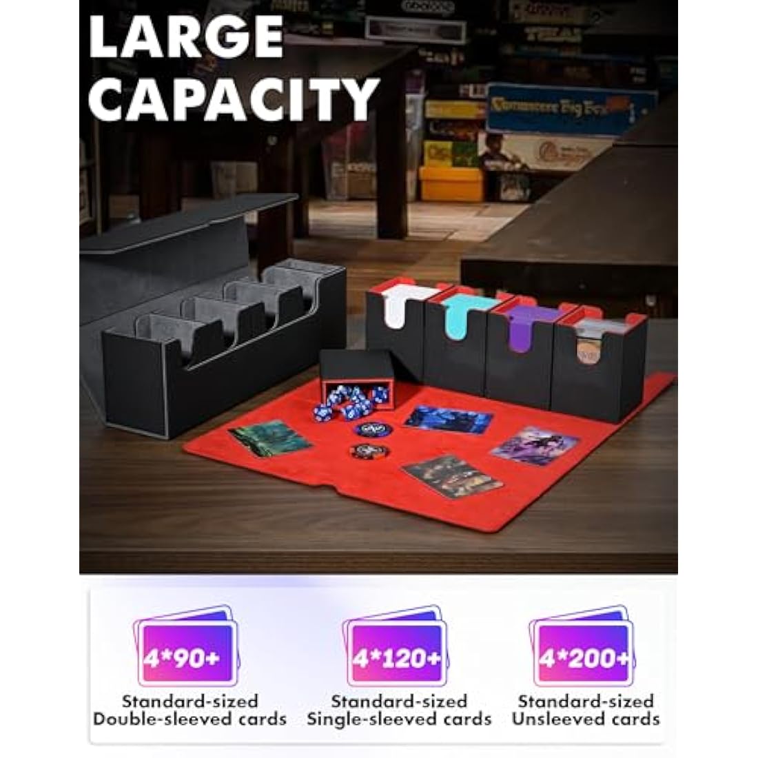 UAONO Card Deck Storage Box with Dice Tray for MTG YugiOh, 5 in 1 Deck Case Set Holds 900+ Sleeved Cards, Strong Magnet Card Organizer Box for Magic Commander TCG CCG Cards (Black&Red)