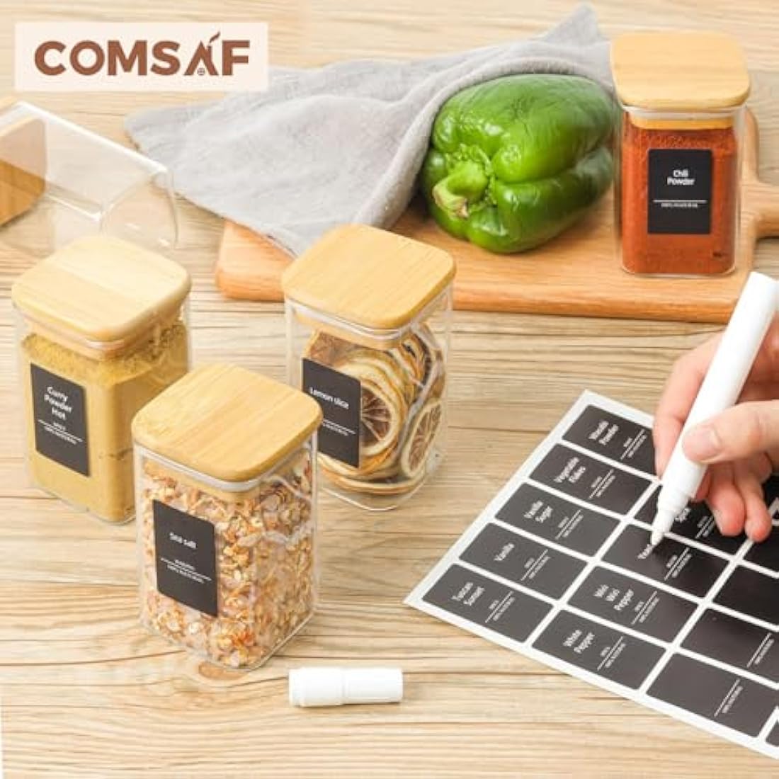 ComSaf 12 Pcs Glass Spice Jars with Bamboo Lids, 8oz/250ml Square Glass Storage Jars with 275 Black Lables, Airtight Spice Jars with Lids, Glass Container for Spice, Salt, Sugar, Seeds, Nuts etc