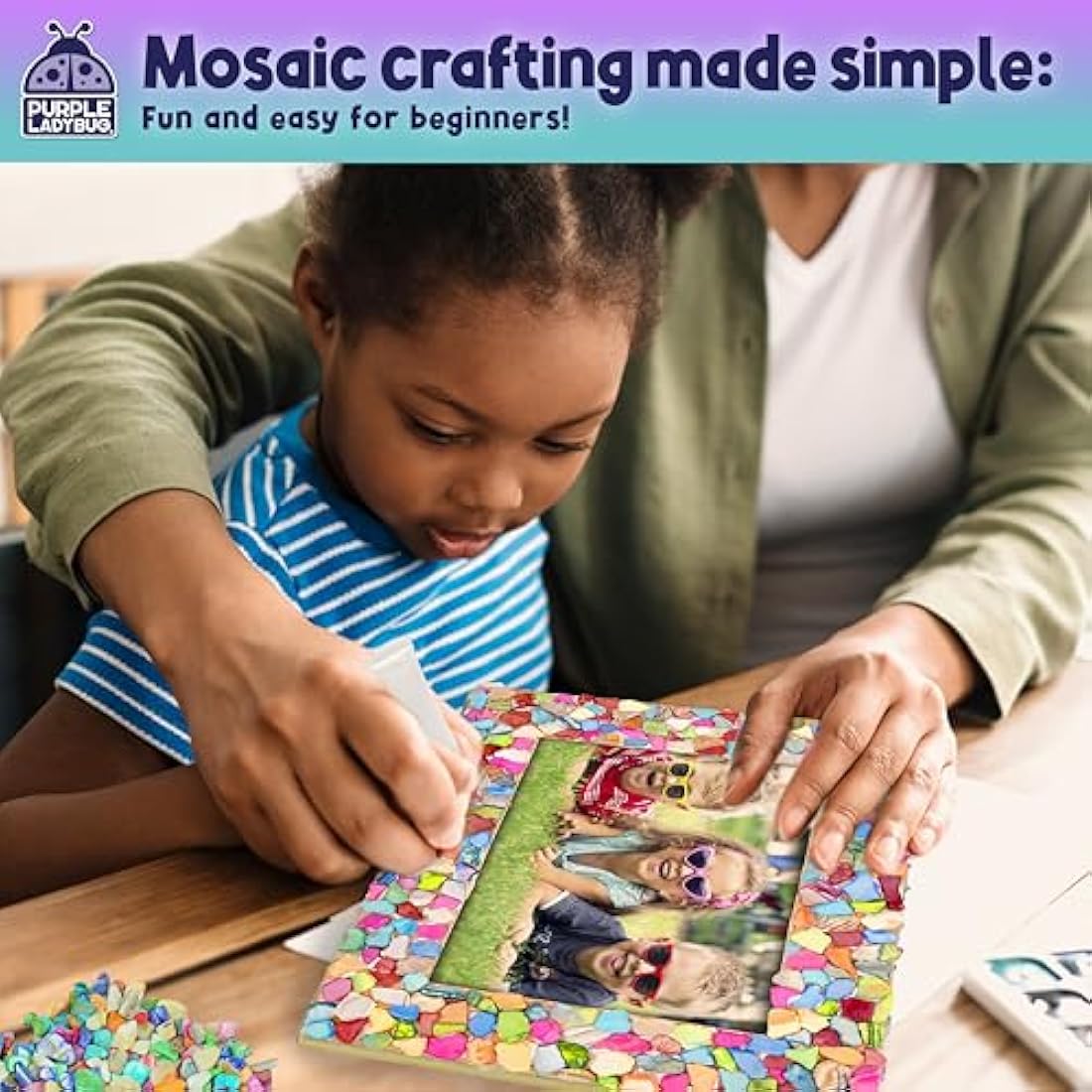 PURPLE LADYBUG Decorate Your Own Mosaic Photo Frame Craft Kits for Kids Age 6+ - 7 Year Old Girl Gifts, Birthday Gifts for 10 Year Olds Girls, DIY Arts and Crafts Activity for Kids Ages 6-10
