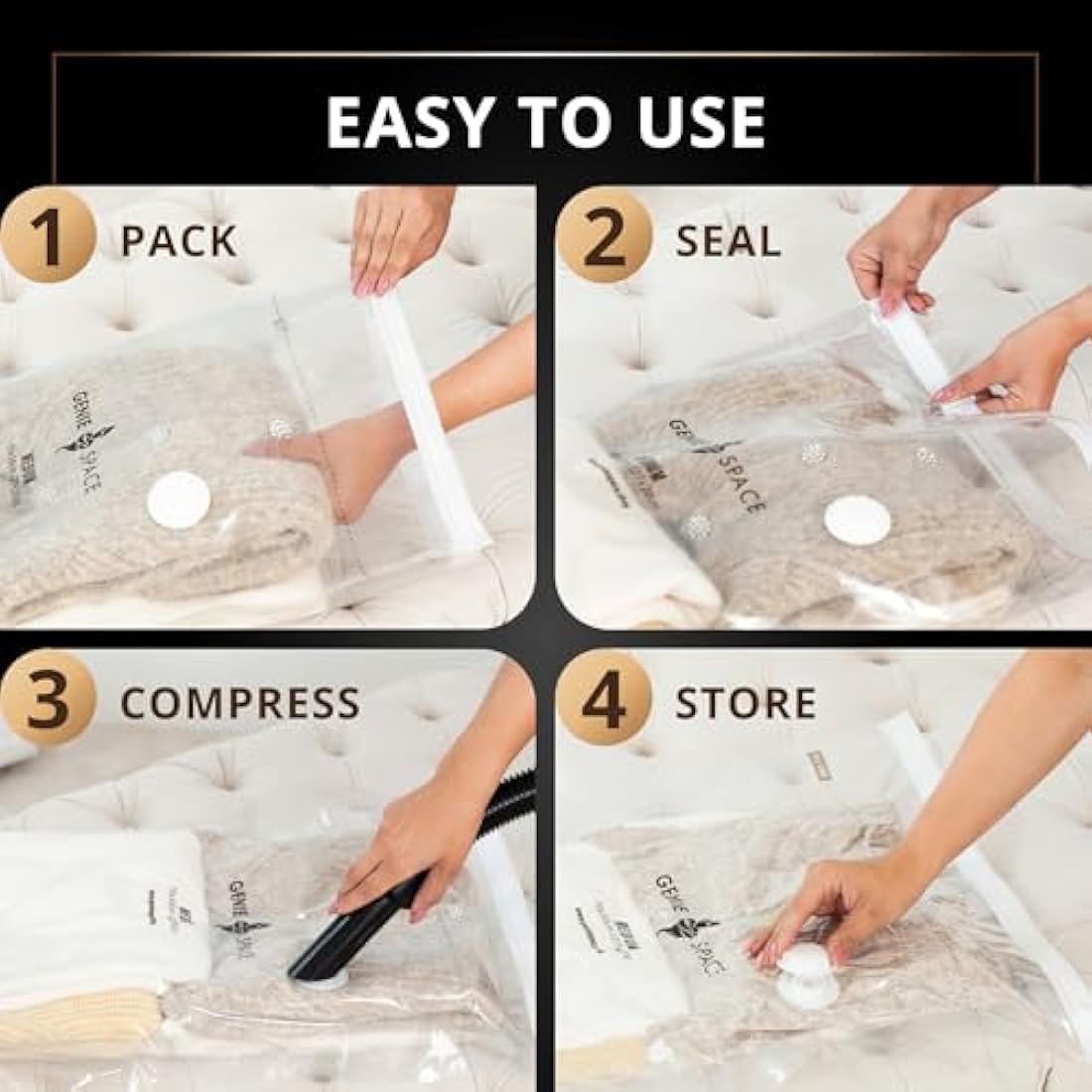 GENIE SPACE Premium Vacuum Storage Bags for Drawers, Suitcases and Wardrobes - Airtight, Odour-Proof, Reusable - Double Zipper Seal Compact Organiser - 100x80 cm, 2-Pack, XL