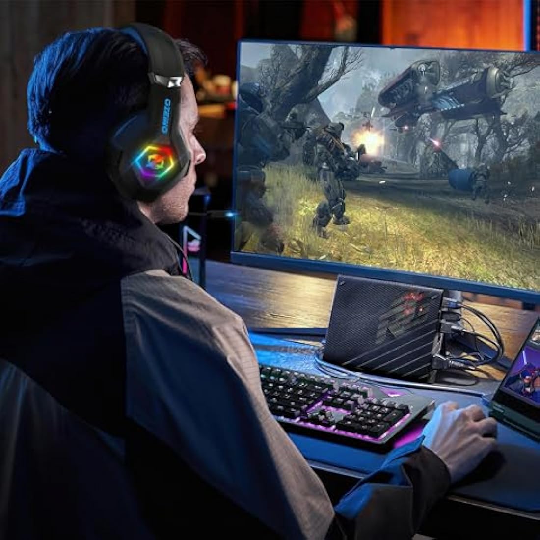 Gaming Headset Stereo Surround Sound Gaming Headphones with Breathing RGB Light & Adjustable Mic for PS4 PS5 PC Xbox One Laptop Mac