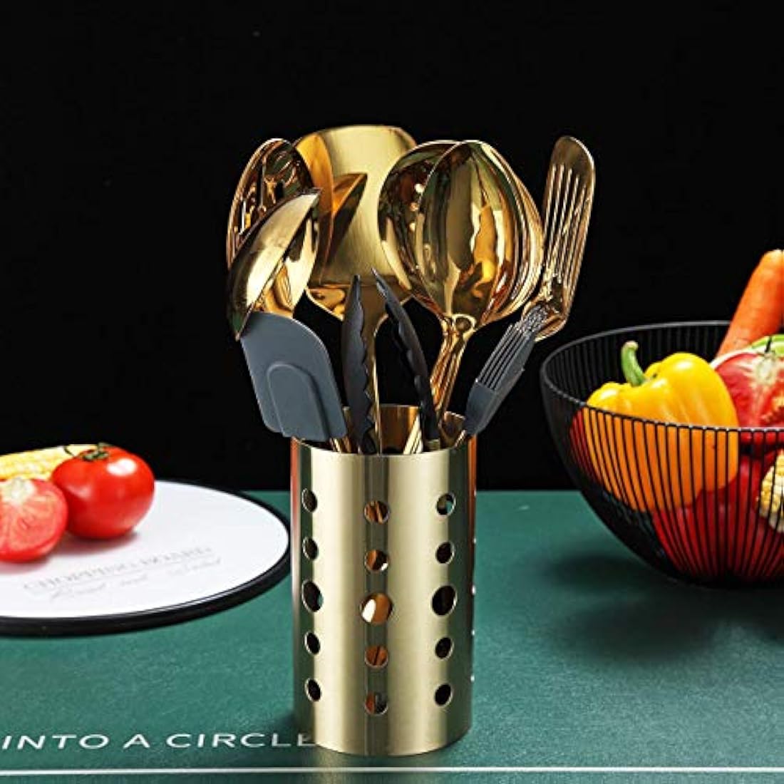 Berglander Gold Cooking Utensils Set, Stainless Steel 13 Pieces Kitchen Utensils Set with Titanium Gold Plating, Kitchen Tools Set with Utensil Holder, Dishwasher Safe, Easy to Clean