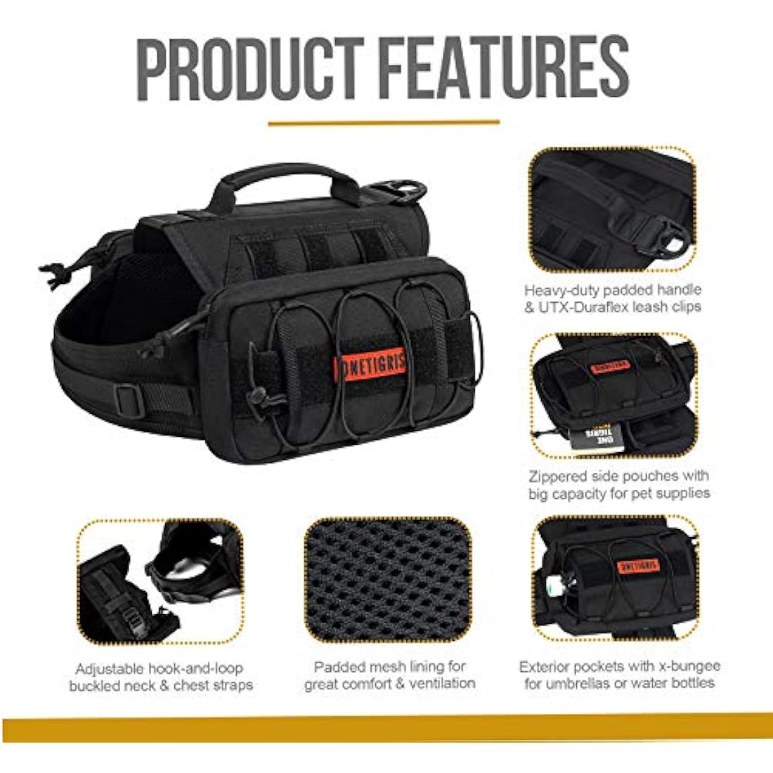 OneTigris Mammoth Dog Backpack 2.0 Version Tear Camping Hiking Dog Backpack for M/L Size Dogs (Black, M)
