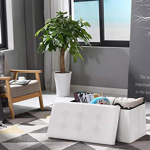 BRIAN & DANY Ottoman Footstools Folding Storage Box with Lid, Large Storage Seat Faux Leather Footstool Toy Storage Box, White, 76 x 38 x 38 cm