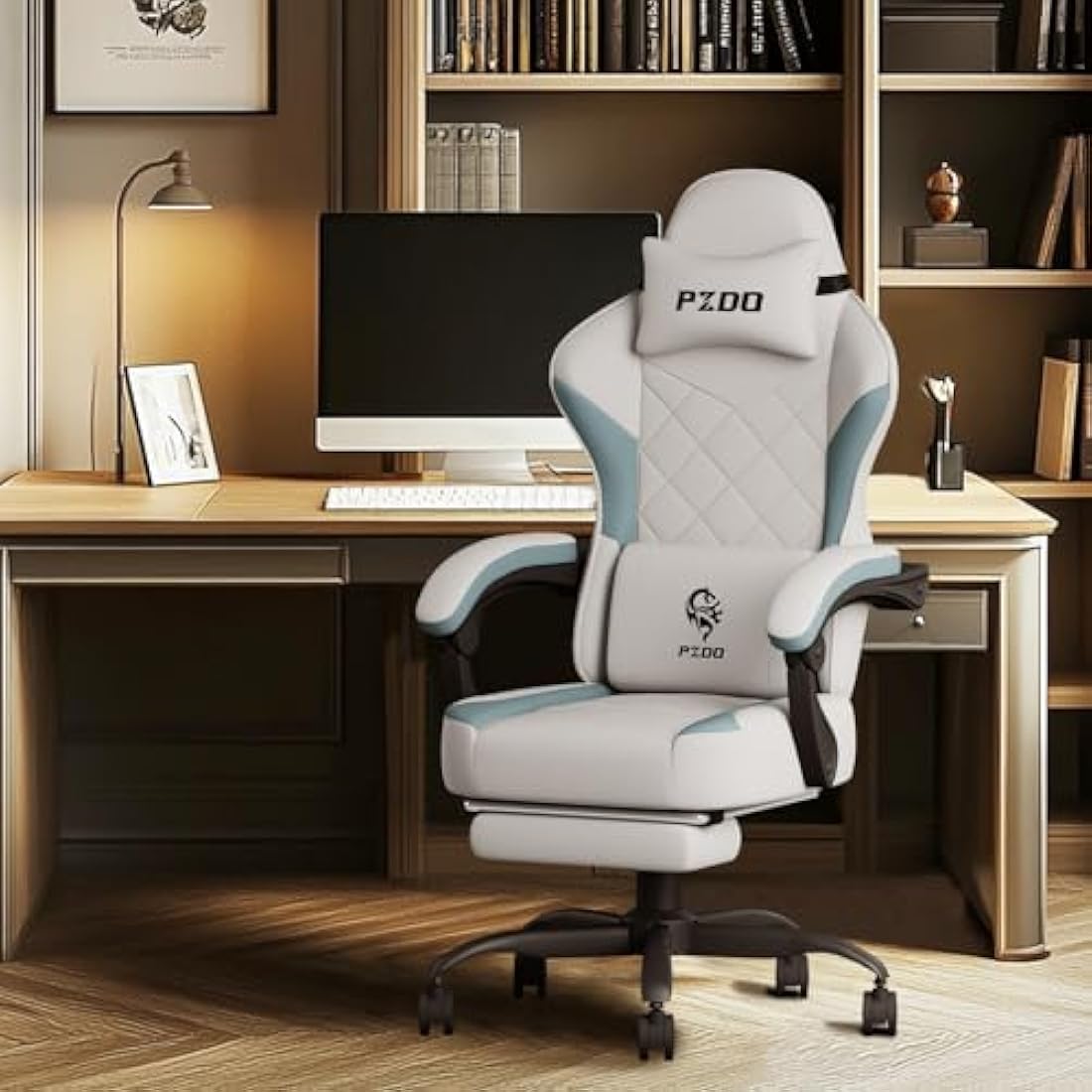 PZDO Office Chair Ergonomic Office Chair with Footrest, Ergonomic Chairs for Adults, Gaming Desk Chairs with Technology Fabric, Reclining Chaise de Bureau, Gift, Teens, (Gray)