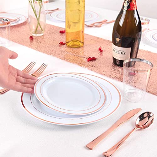 LATERN 150Pcs Multi-Use Rose Gold Plastic Dinnerware Set, 25 x Reusable Dinner Plates, 25 x Salad Plates, 25 x Knive, 25 x Mini Forks, 25 x Spoons, 25