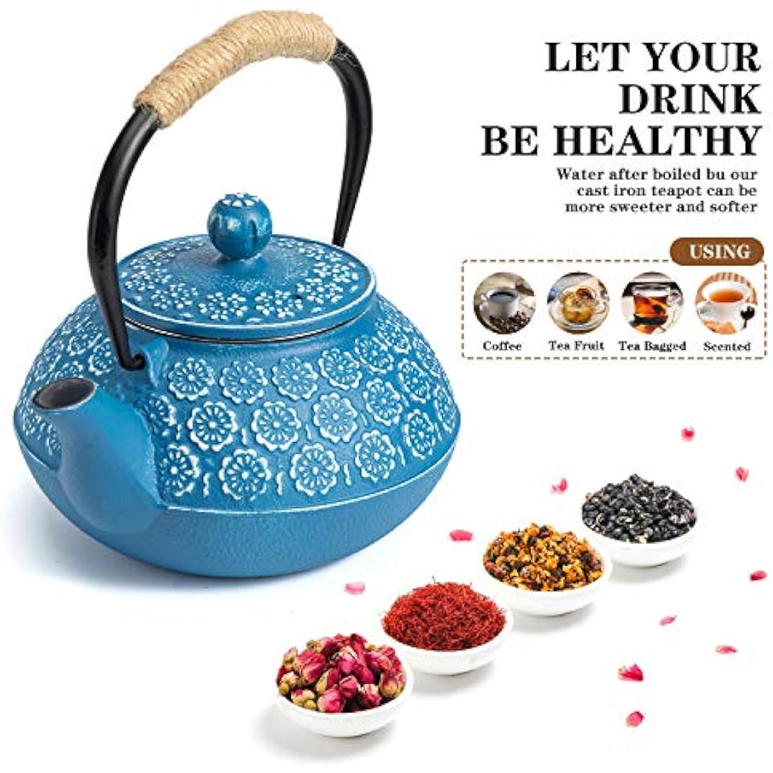 SUSTEAS Cast Iron Teapot, 900ml Tetsubin Japanese Tea Kettle with Infuser for Loose Leaf and Tea Bags, Tea Pot Coated with Enameled Interior, Dark Blue