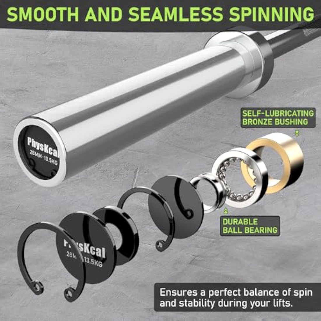 PhysKcal 4ft, 5ft, 6ft Barbell, Olympic EZ Curl Bar with Smooth Bushing & Bearing for 2'' Weight Plates, International Barbells for Press, Squat, Deadlift and Multiple Purposes