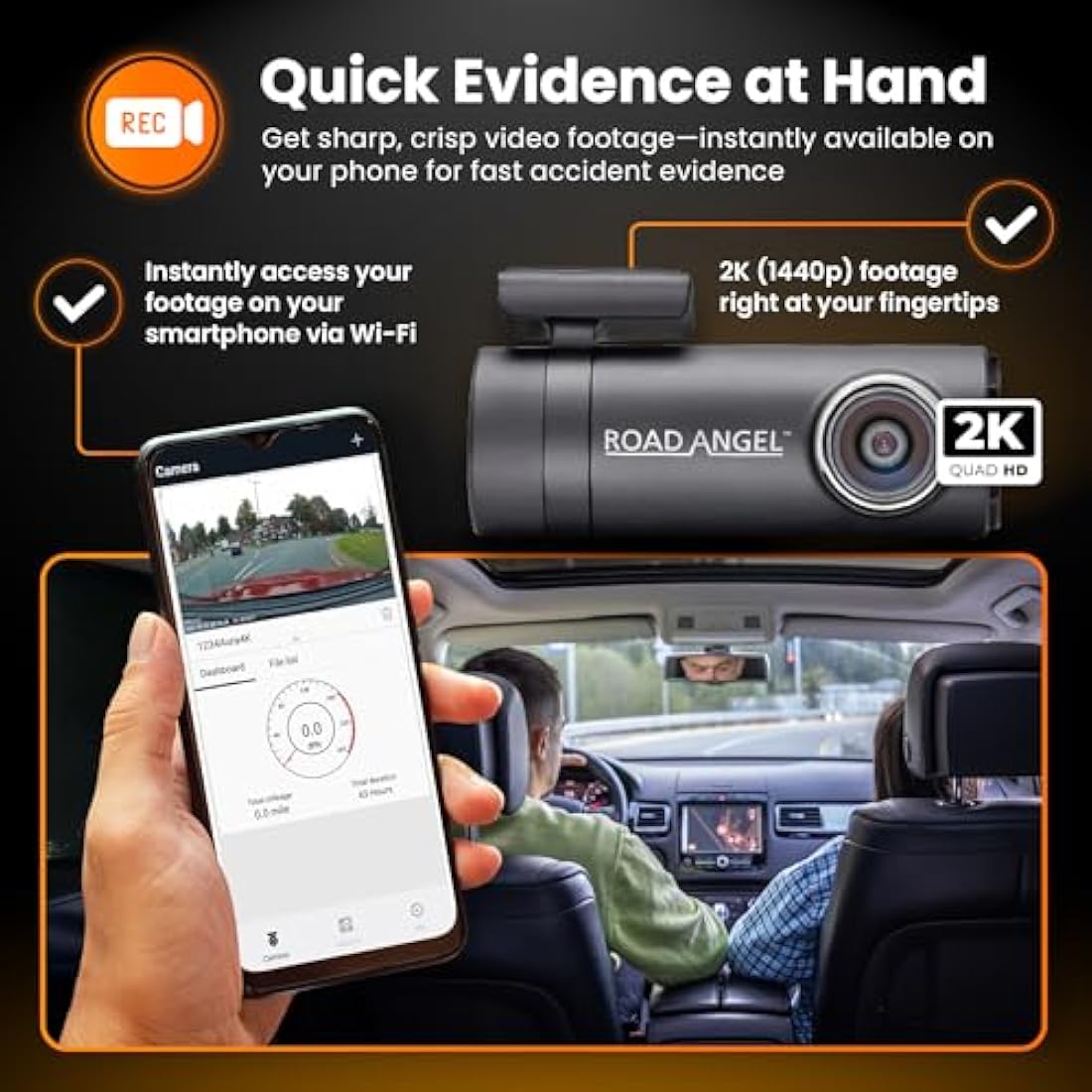 Road Angel Halo Drive 2K In Car Camera Dash Cam Front - Dashcam Front - Night Vision Dashcams for Cars - Car On-Dash Mounted Cameras with Supporting App, Black