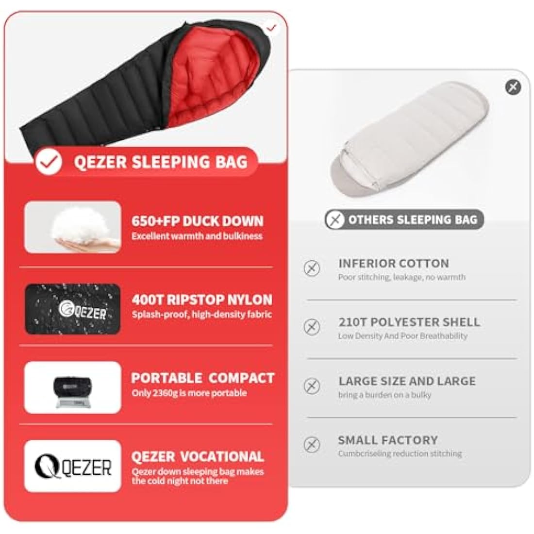 QEZER Winter Sleeping Bag for Adults,Lightweight Down Sleeping Bag [1260g/1560g ] 0°C bis -20°C for 4 Season Backpacking,Hiking,Camping and Mountaineering Outdoor with 660 FP Duck Down