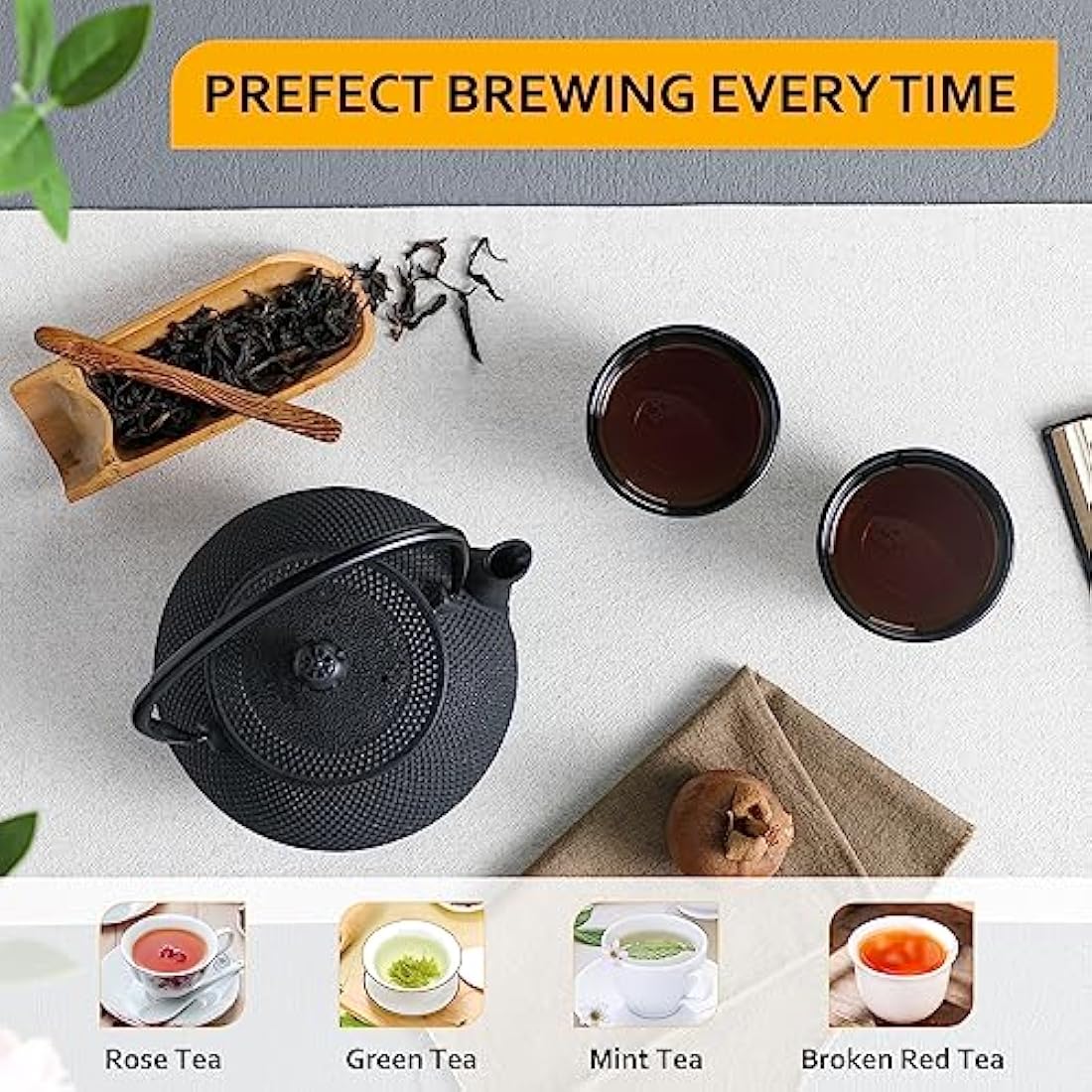 Velaze Iron Teapot set, Traditional Japanese Tetsubin Tea Kettle Cast Iron Teapot with Stainless Steel Infuser, Antique Small Dot Design, 2 Iron Cups and Trivet Stand Tray, 700ML/ 24OZ