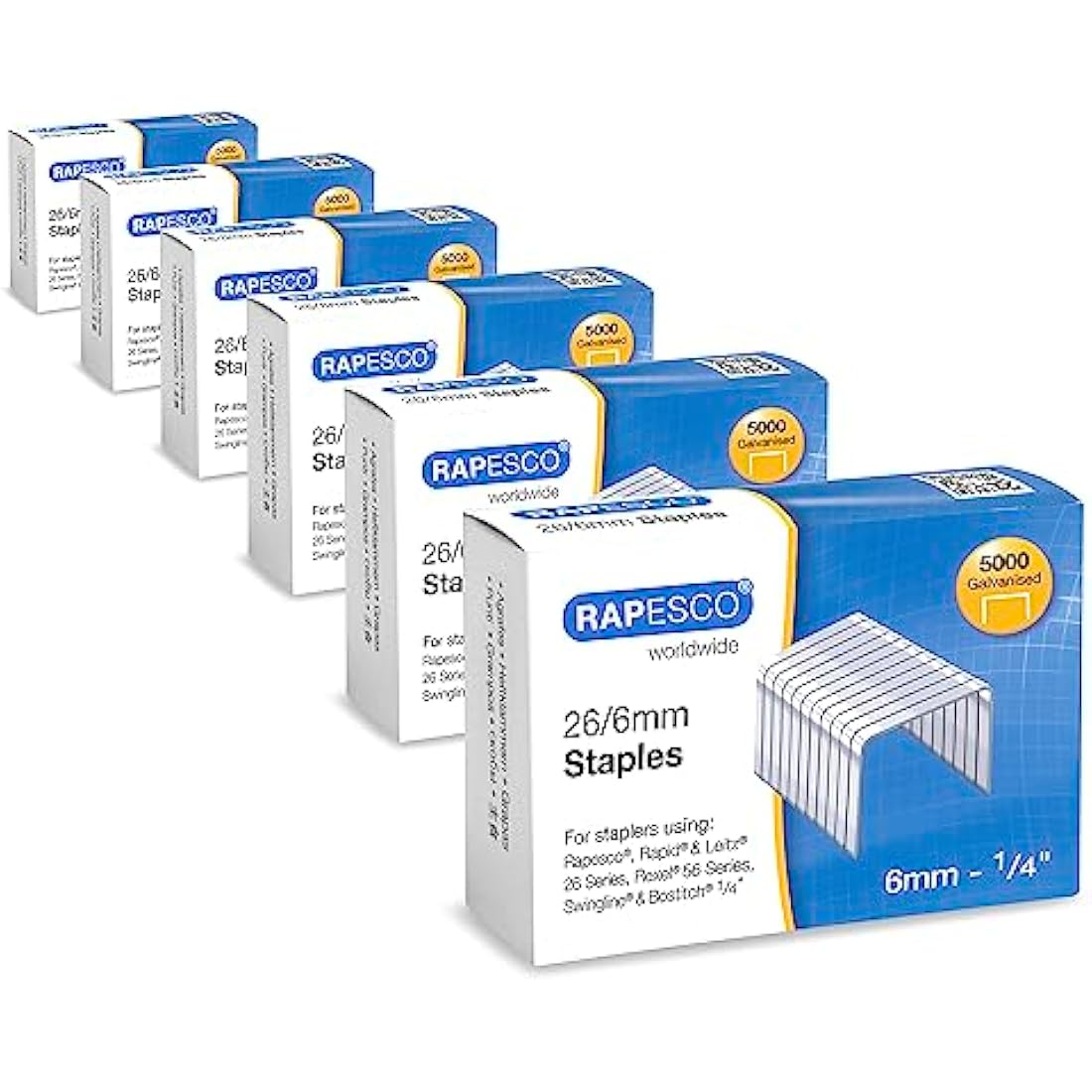 Rapesco 1735 Business Pack: 26/6mm (No.56) Galvanised Staples, 6 Boxes of 5000