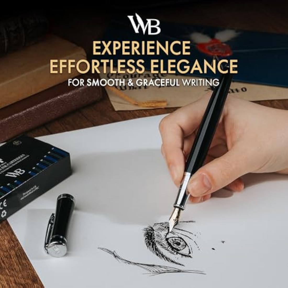 Wordsworth & Black Fountain Pen Set, Extra Fine Nib, Includes 24 Ink Cartridges and Ink Refill Converter Gift Box, Journaling, [Black Chrome]