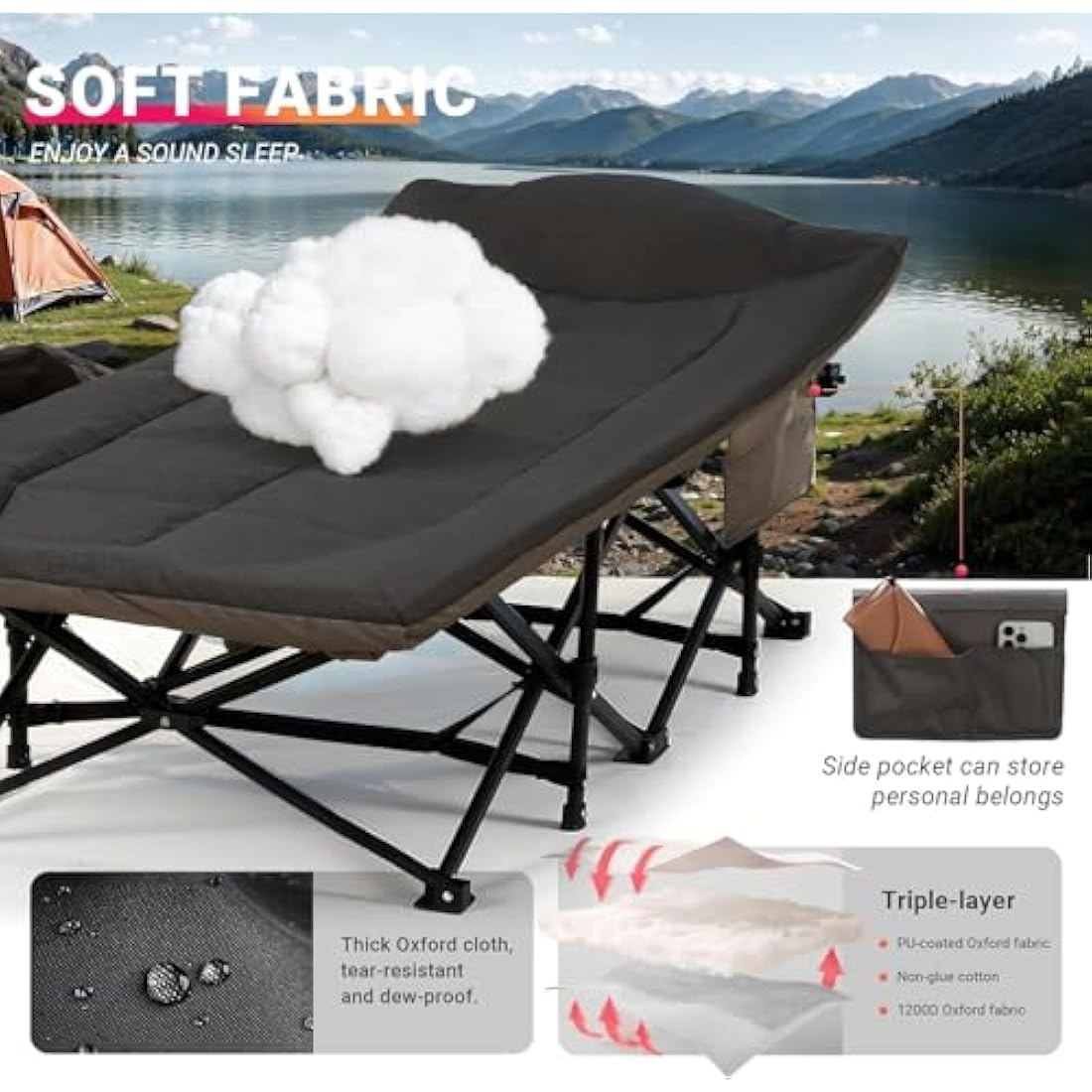 OVERMONT 28" Extra Wide Padded Folding Camping Beds for Adults - Comfortable Portable with Cushion and Pillow - Folding Cot with Carry Bag Supports 550 lbs for Outdoor Travel Home Office Nap