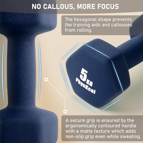 PhysKcal Blue 18kg Dumbbells Set, 2 x 1kg, 2 x 3kg, 2 x 5kg Dumbbells Weights Set with Steel Rack, Hand Weights with Storage Rack