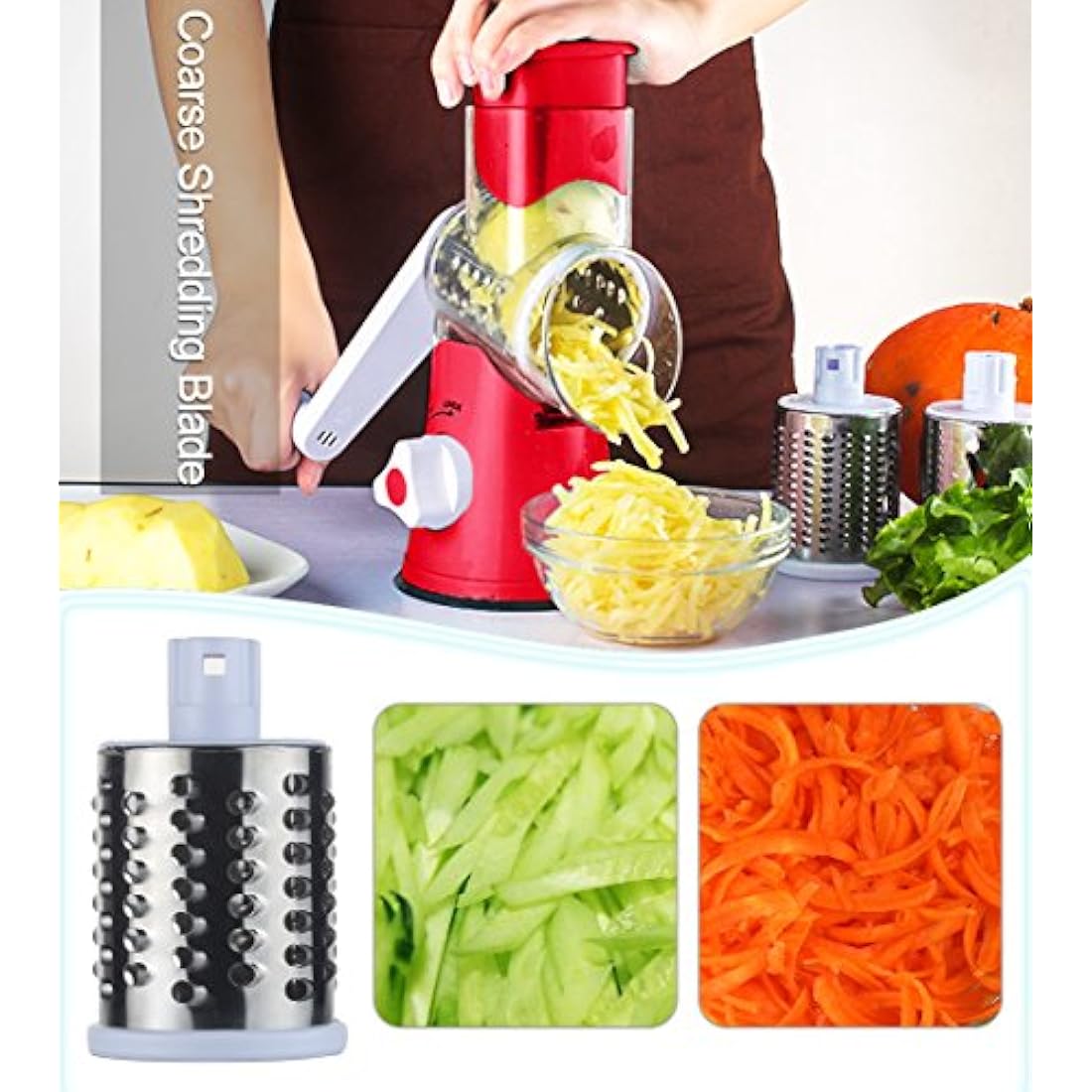 Ourokhome Vegetable Mandoline Slicer Chopper- Rotary Cheese Grater with 3 Interchangeable Ultra Sharp Cylinders Stainless Steel Blades（Red）