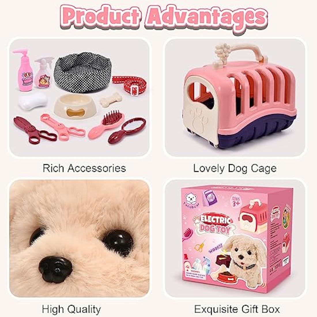 Tacobear Electronic Pets Toy Plush Puppy Dog for Kids, Pet Carrier Grooming and Feeding Playset, Interactive Dog Walking Barking Wagging Tail Educational Toys for Toddler Kids Gift