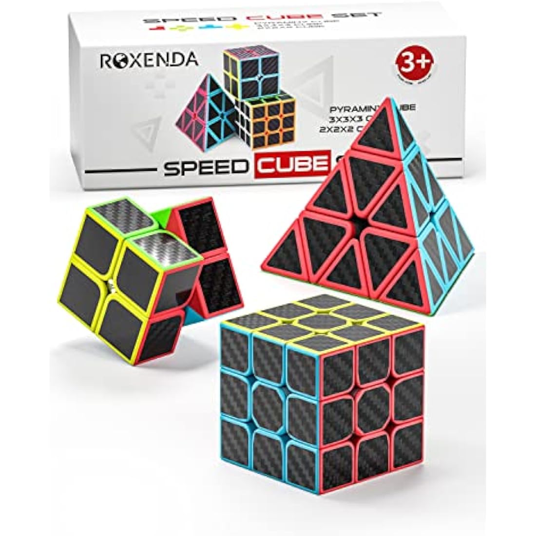 ROXENDA Speed Cube Set, 2X2 3X3 Pyramid Speed Cube Carbon Fiber Puzzle Cube with Instruction (Carbon Fiber Cube Set)