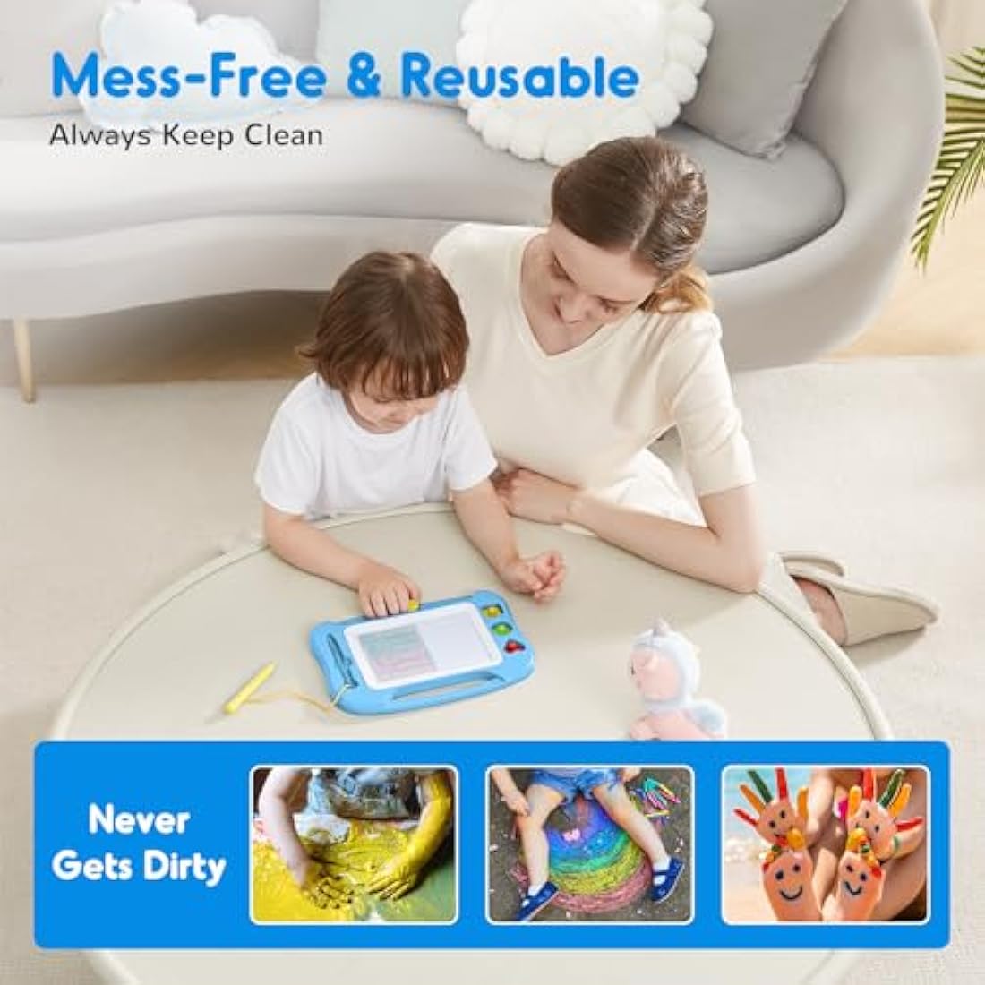 SGILE Magnetic Drawing Board for Kids, Colorful Erasable Doodle Board with Magnet Pen, Painting Sketch Pad with Three Stamps, Travel Toy, Educational Learning Toy for Toddlers, Light-Blue