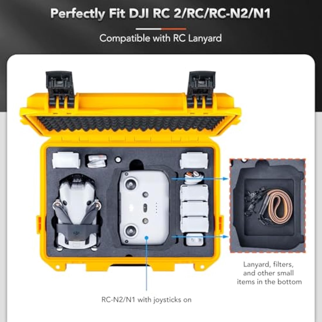Lykus Titan MM410 Waterproof Hard Case for DJI Mini 4 Pro/Mini 3/Pro and RC2/RC/RC-N2/N1, Yellow with Shoulder Strap, Support 7 Batteries and RC Lanyard [CASE ONLY]