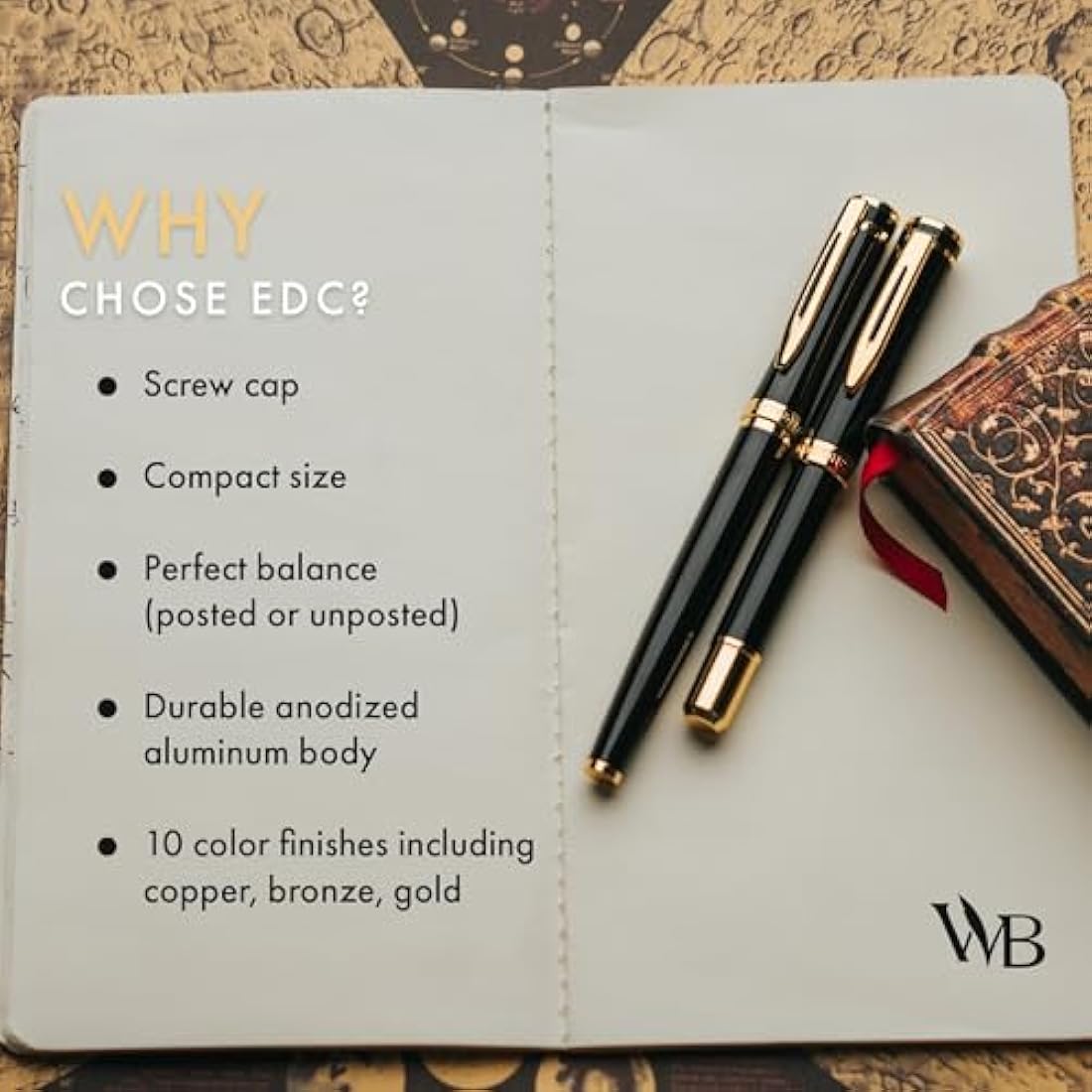 Wordsworth and Black Fountain Pen Mini EDC: Luxury Black Heavy Pocket Pen, Gold Finish, Medium Nib, 6 Ink Cartridges, Ink Converter, Travel Refillable Writing Pen Gift Set, Men & Women