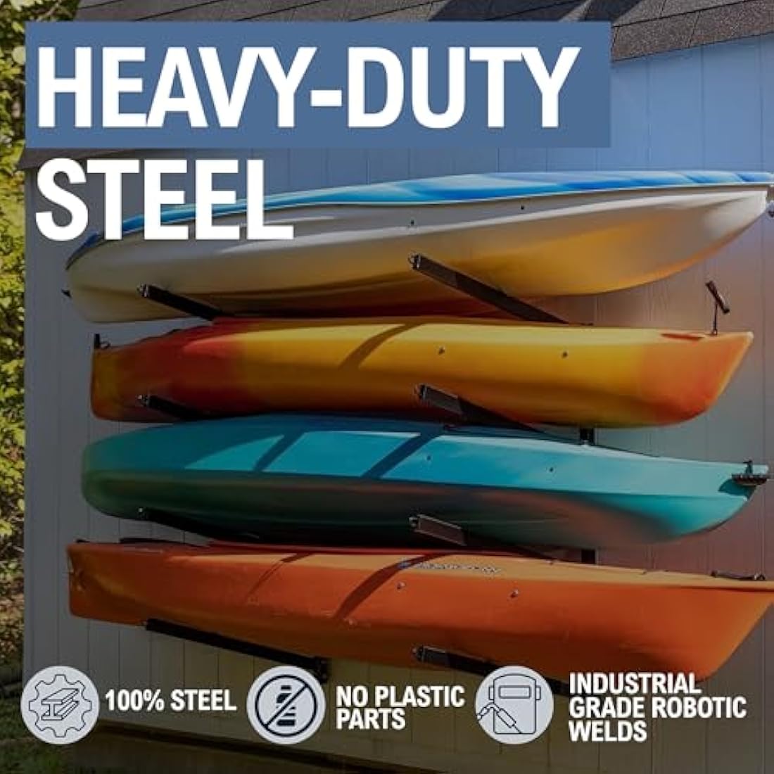 Outdoor 4 Kayak Storage Rack Wall Mount, Holds 400 Lbs, All Weather HeavyDuty Metal Organizer, Adjustable Levels