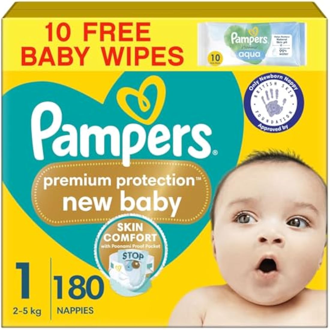 Pampers Premium Protection New Baby Size 1, 180 Nappies, 2kg-5kg, Monthly Pack + Pampers Harmonie Aqua Baby Wipes 1 pack of 10 Wipes