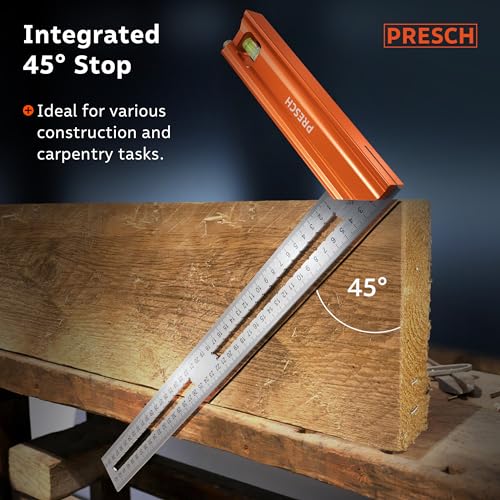 Presch Try Square Set | 200mm, 300mm & 400mm | All-in-One Compact Set | Includes rust-free marking gauge (20cm, 30cm & 40cm), level & scribing needle | 90° & 45° | Carpenters Squares, Square Tool