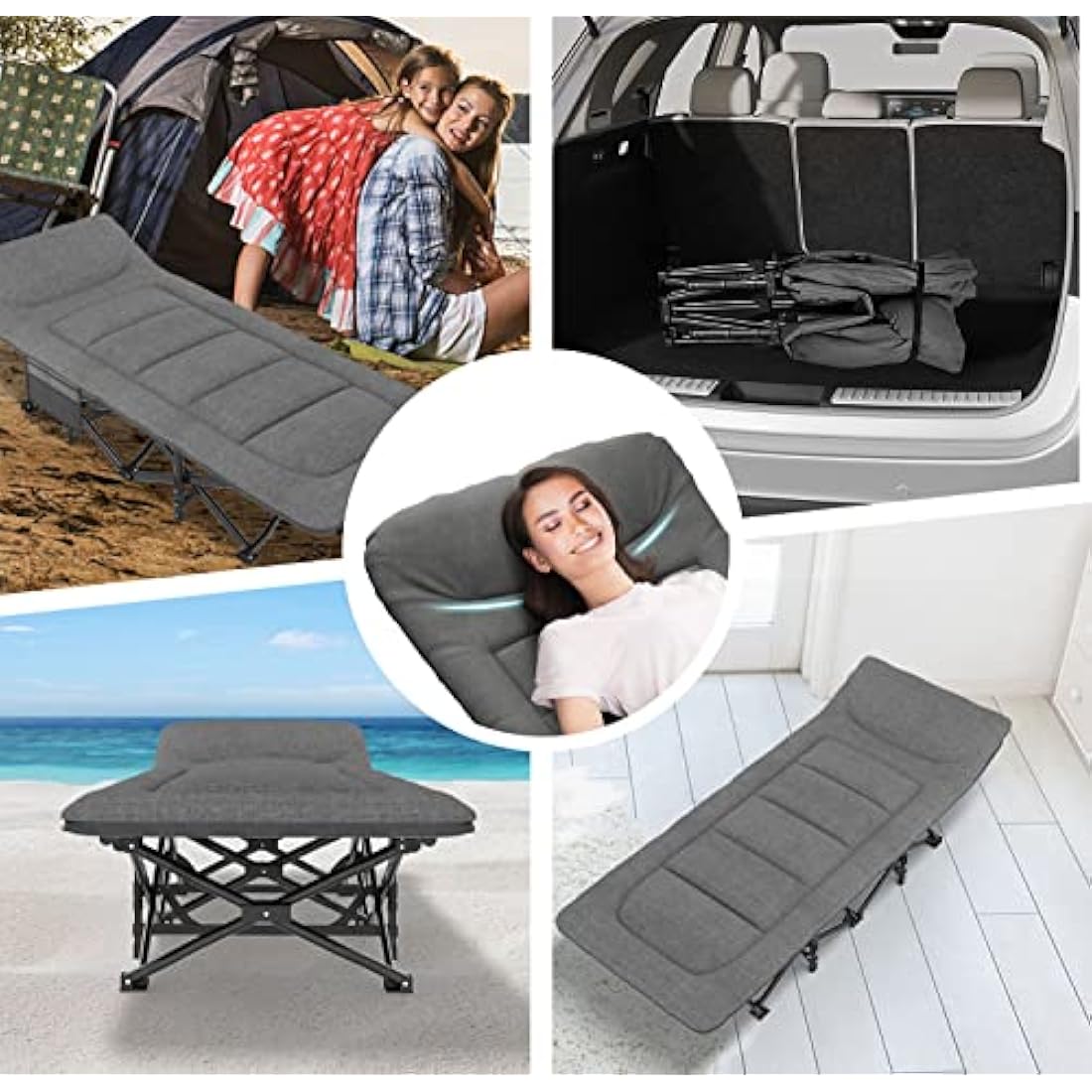 ATORPOK SHOP Camp Beds for Adults with Cushion and Pillow, Portable Travel Camping Cot for Sleeping, Lightweight Tent cot with Carry Bag Supports 450 lbs (Gray)
