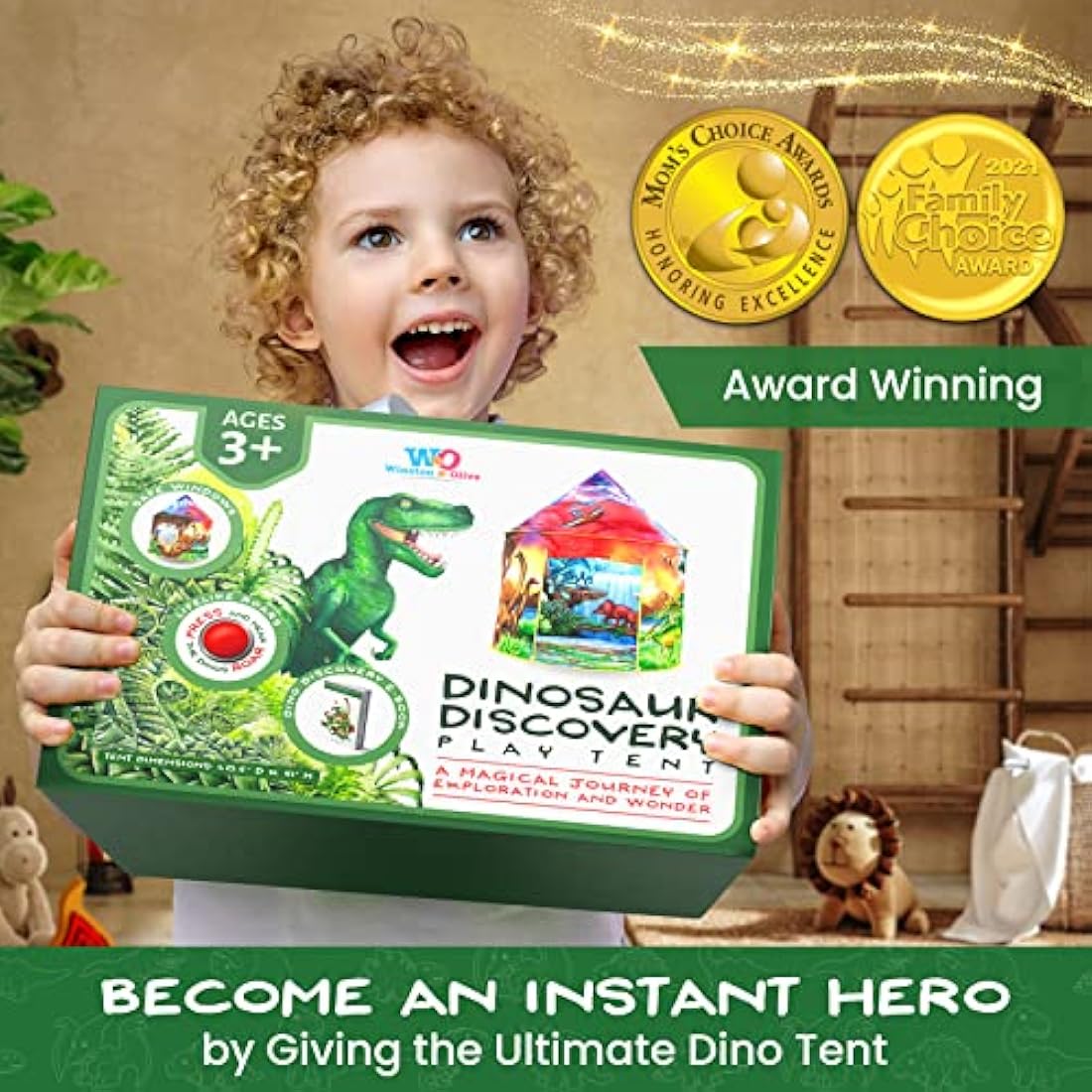 W&O Dinosaur Discovery Play Tent with Roar Button - Extraordinary Pop Up Tent for Boys & Girls - Perfect for Indoor & Outdoor Adventures